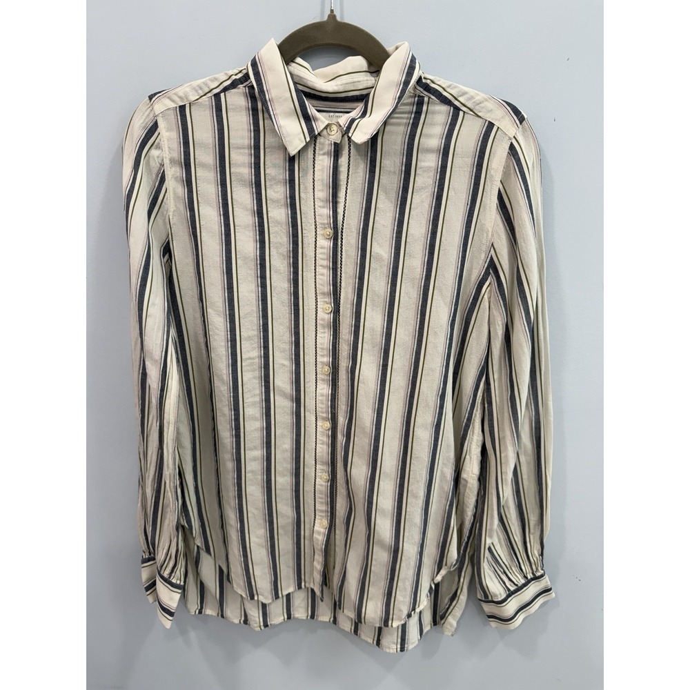 Lucky Brand Striped Button Up Shirt Medium Cotton Rayon Long Sleeve Classic Boho